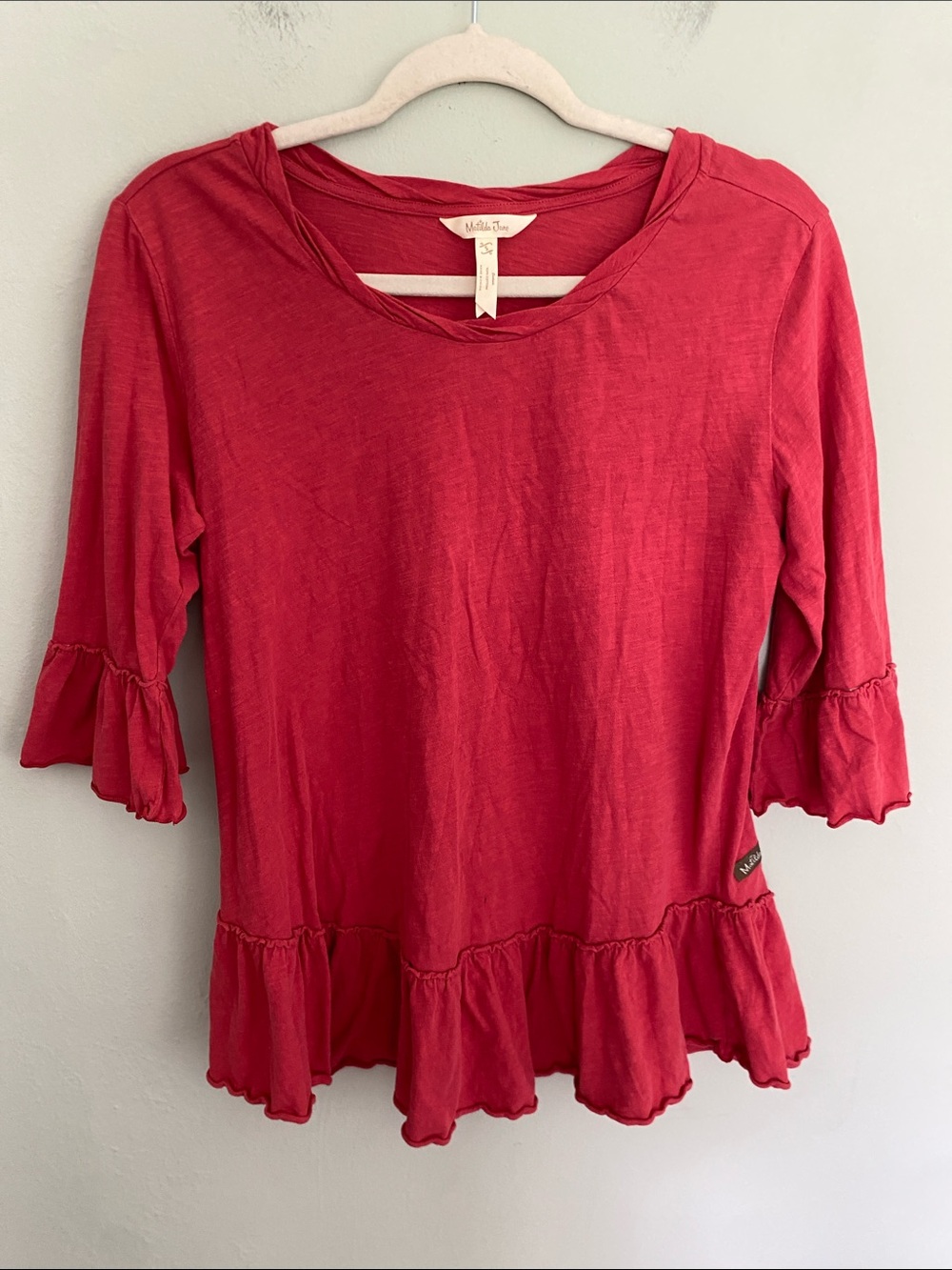 Matilda Jane Women’s Red Ruffle Sleeve 100% Cotton Top Size Small
